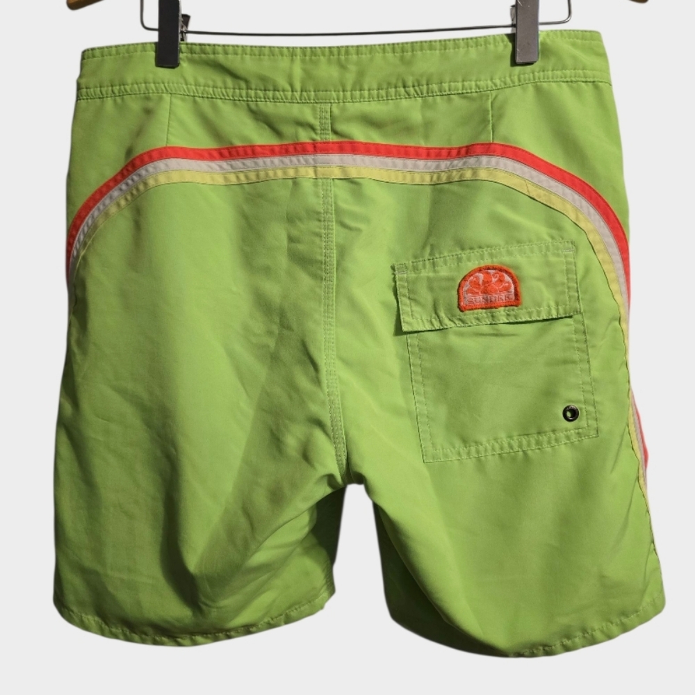 Sundek Swim Trunk Shorts Men's 32 Neon Green Mesh Lined Drawcord Rainbow Beachy